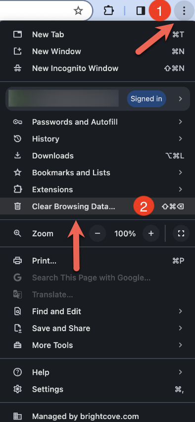Menu to clear browsing data