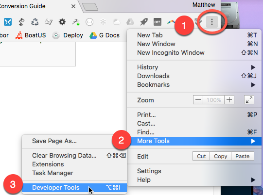 Menu to developer tools
